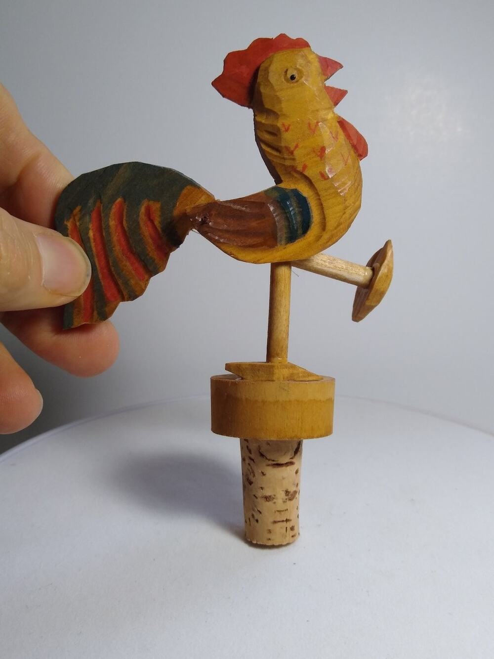 ANRI Vintage Wood Rooster Hen Bottle Stopper Hand-Carved Hand-Painted Folk Art